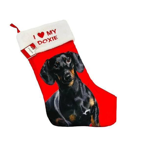 Red Satin I Love My Doxie Dog Christmas Holiday Stocking - Picture 1 of 3